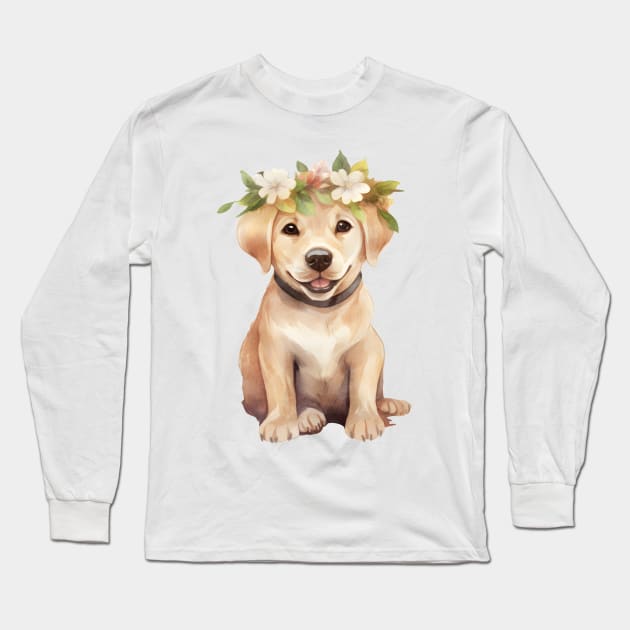 Watercolor Labrador Retriever Dog with Head Wreath Long Sleeve T-Shirt by Chromatic Fusion Studio